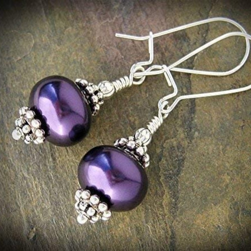 Purple Pearl Earrings Japanese Glass Sterling Silver - Picture 3 of 7